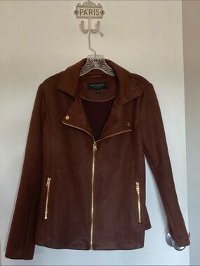 Marc New York Brown Faux Suede Zip-Front Jacket with Gold Hardware
